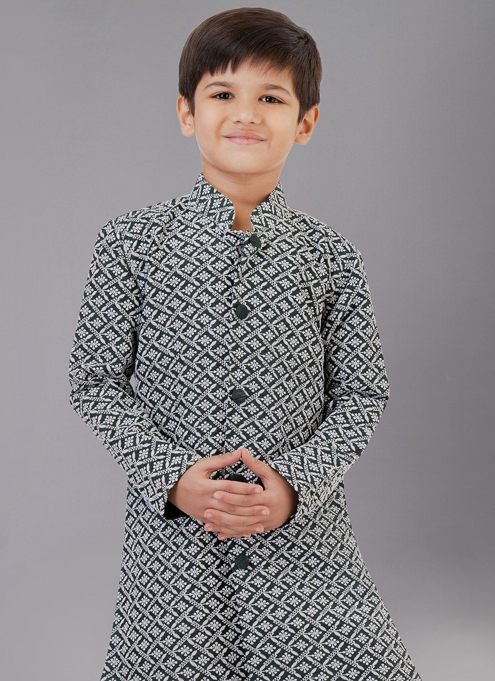 Kurta Pyjama Cotton Silk Green Embroidered Kids