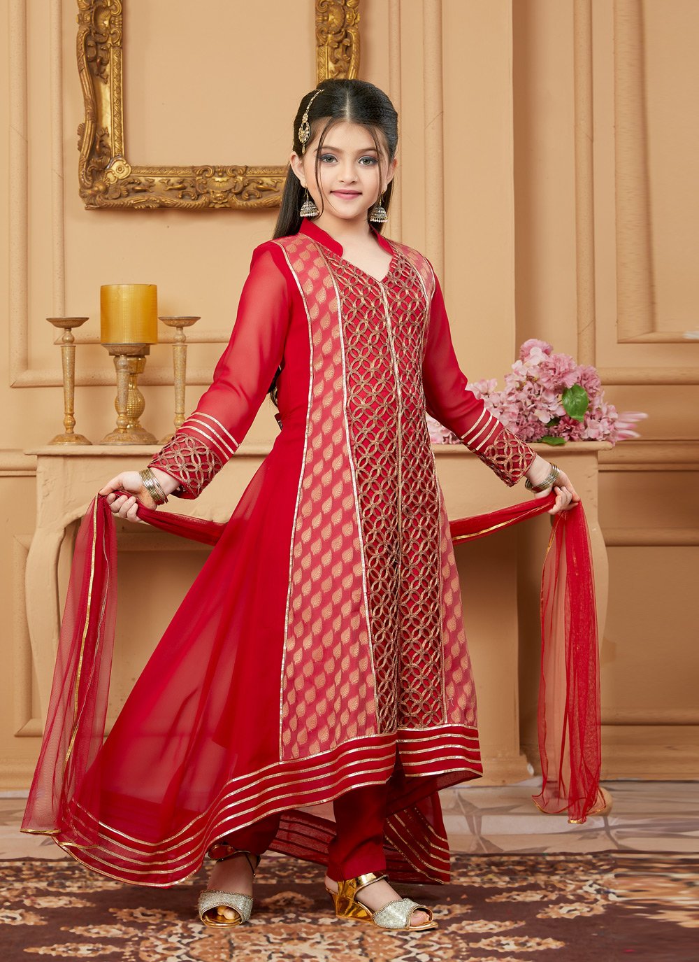 Pant Style Suit Faux Georgette Red Embroidered Kids
