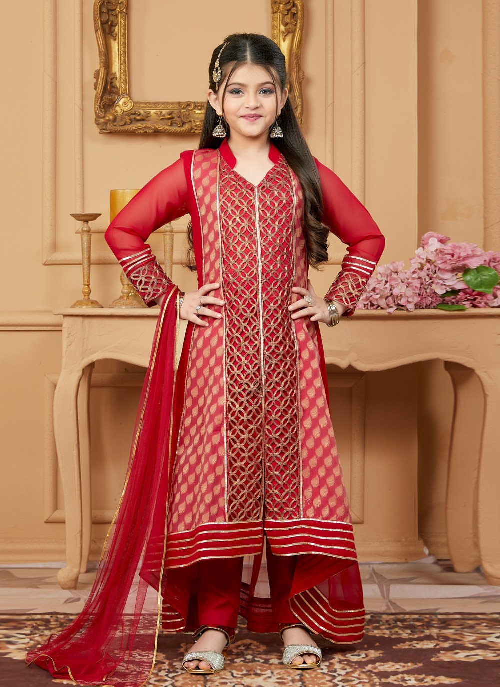 Pant Style Suit Faux Georgette Red Embroidered Kids