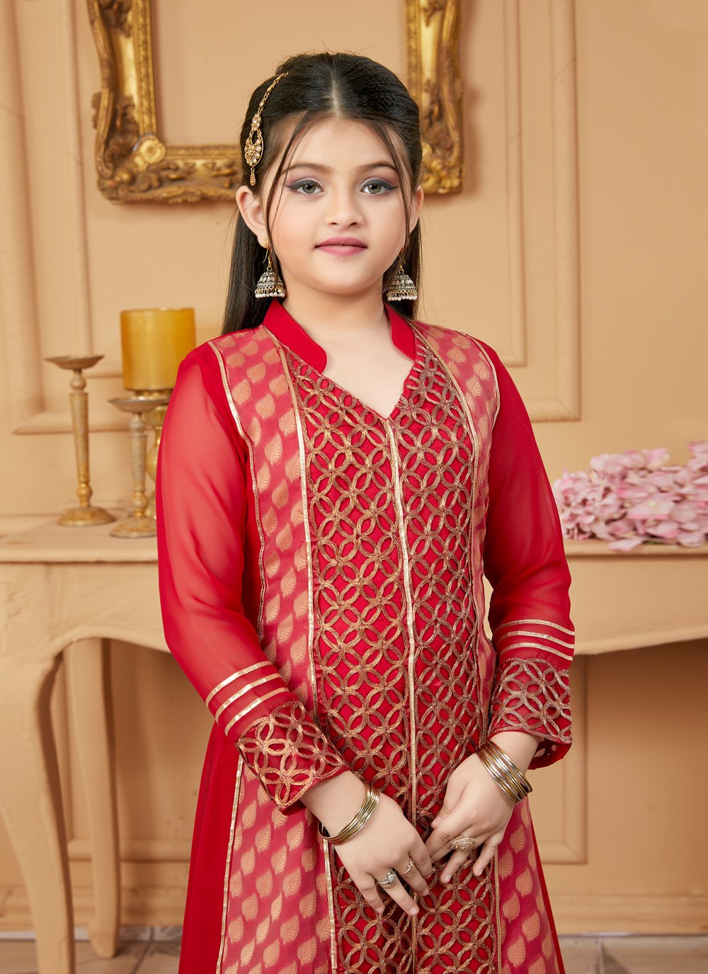 Pant Style Suit Faux Georgette Red Embroidered Kids