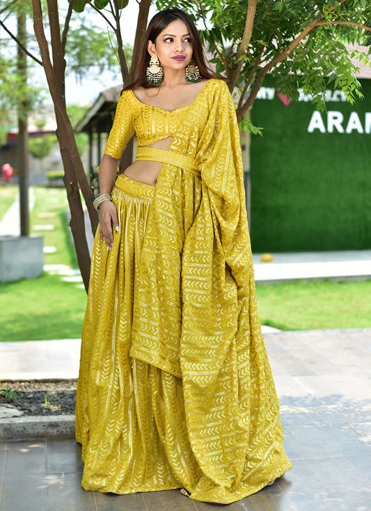 A Line Lehenga Georgette Yellow Embroidered Lehenga Choli