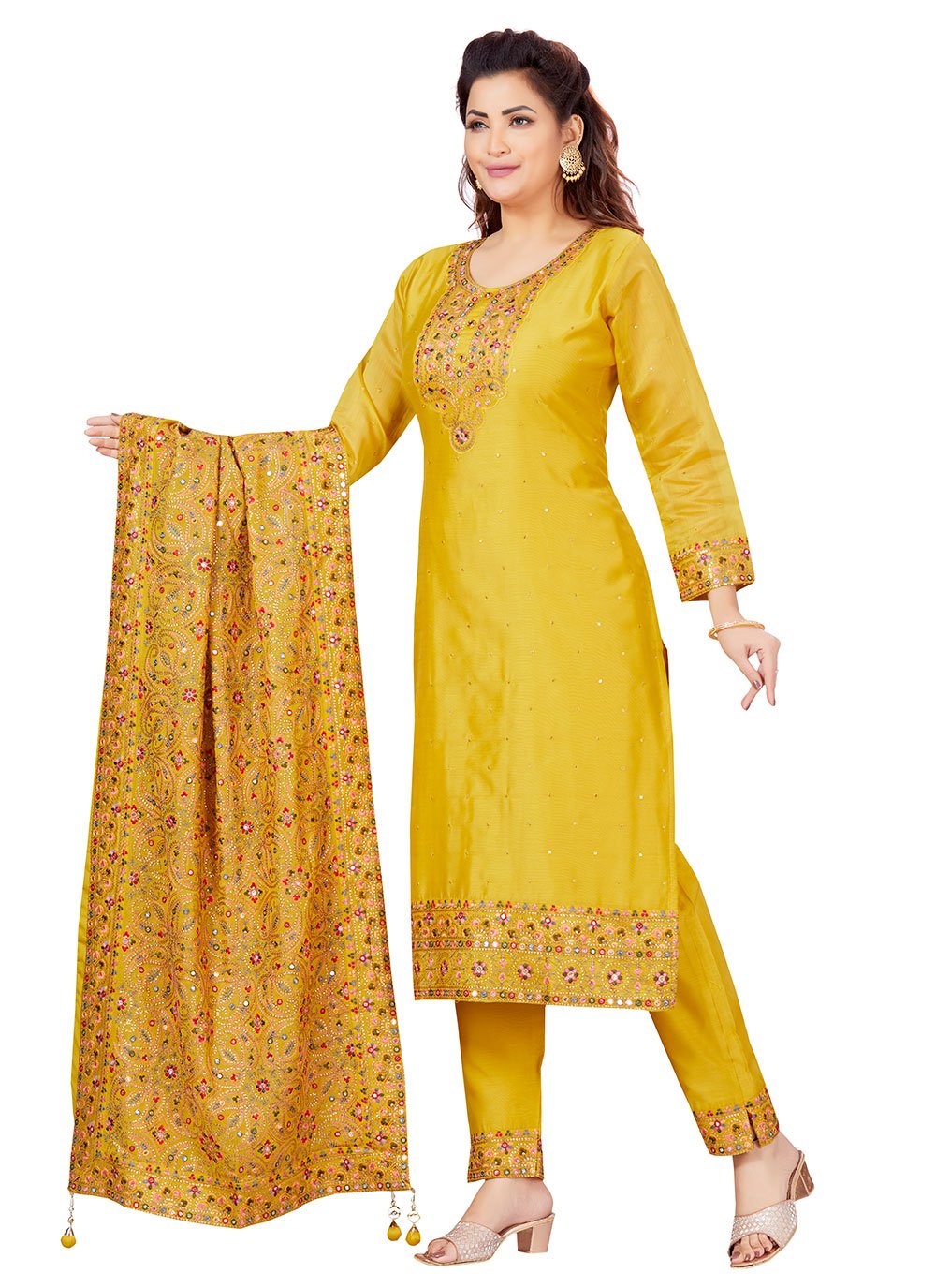Pant Style Suit Chanderi Yellow Embroidered Salwar Kameez