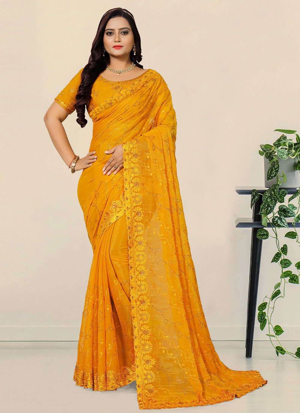 Classic Shimmer Yellow Embroidered Saree