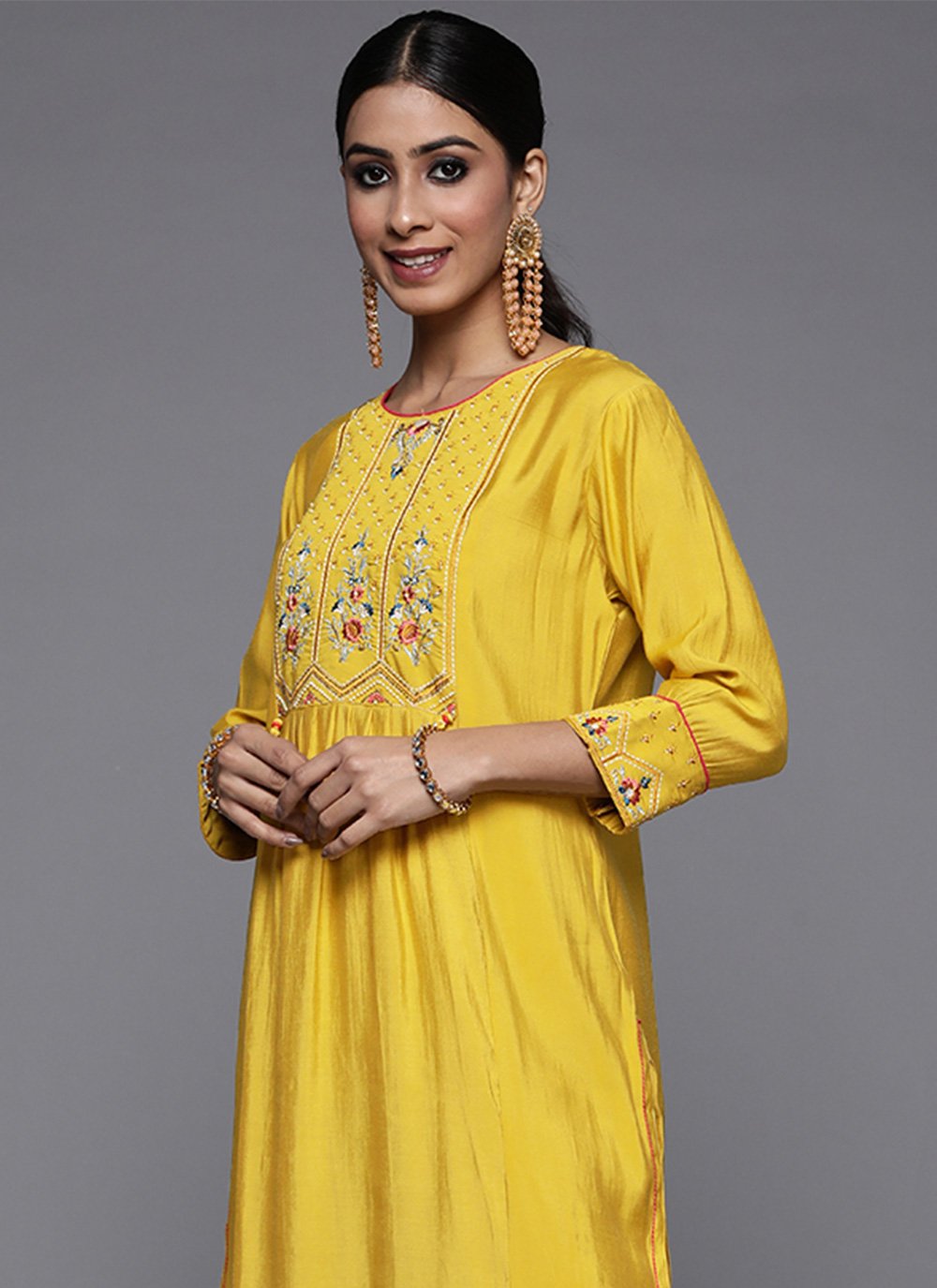 Straight Salwar Suit Silk Blend Yellow Embroidered Salwar Kameez