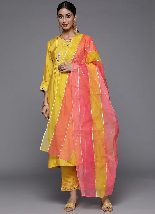 Straight Salwar Suit Silk Blend Yellow Embroidered Salwar Kameez