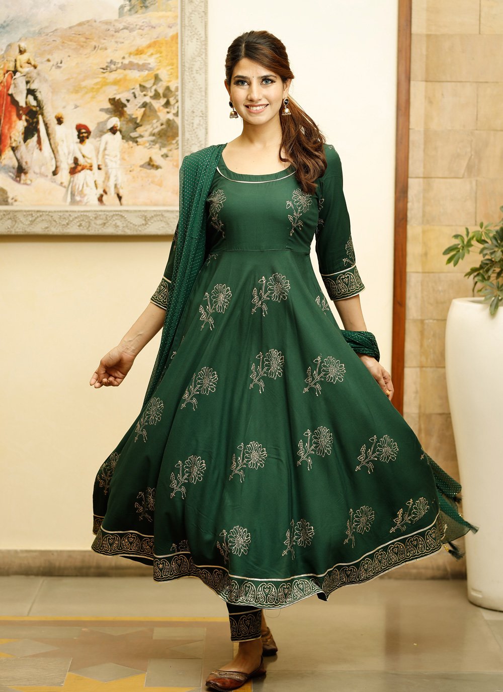 Anarkali Suit Rayon Green Fancy Work Salwar Kameez