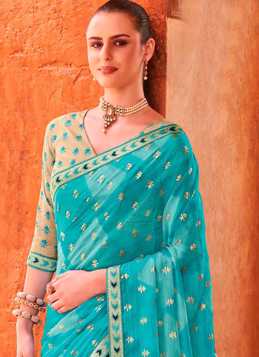 Contemporary Chiffon Aqua Blue Fancy Work Saree