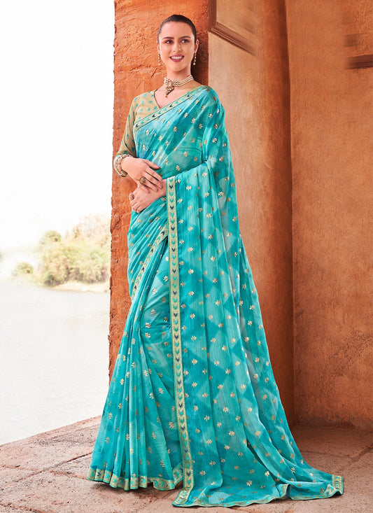 Contemporary Chiffon Aqua Blue Fancy Work Saree