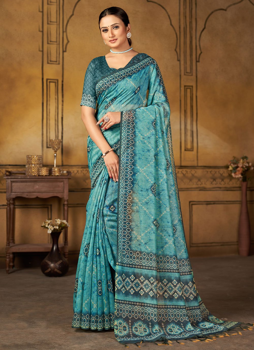 Trendy Saree Chanderi Silk Aqua Blue Digital Print Saree