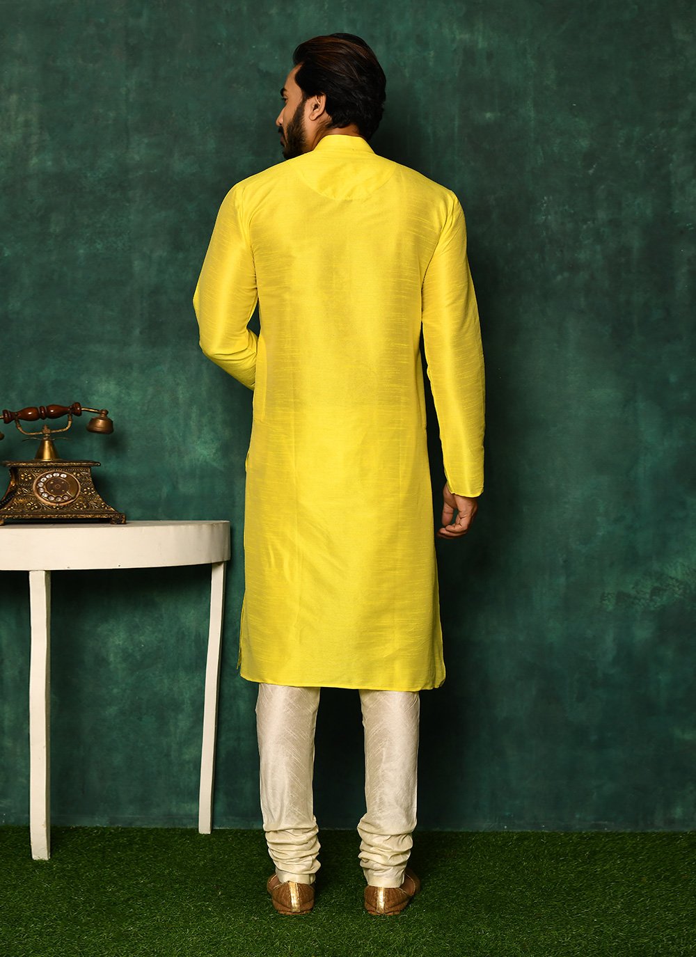 Kurta Pyjama Art Silk Yellow Fancy Work Mens