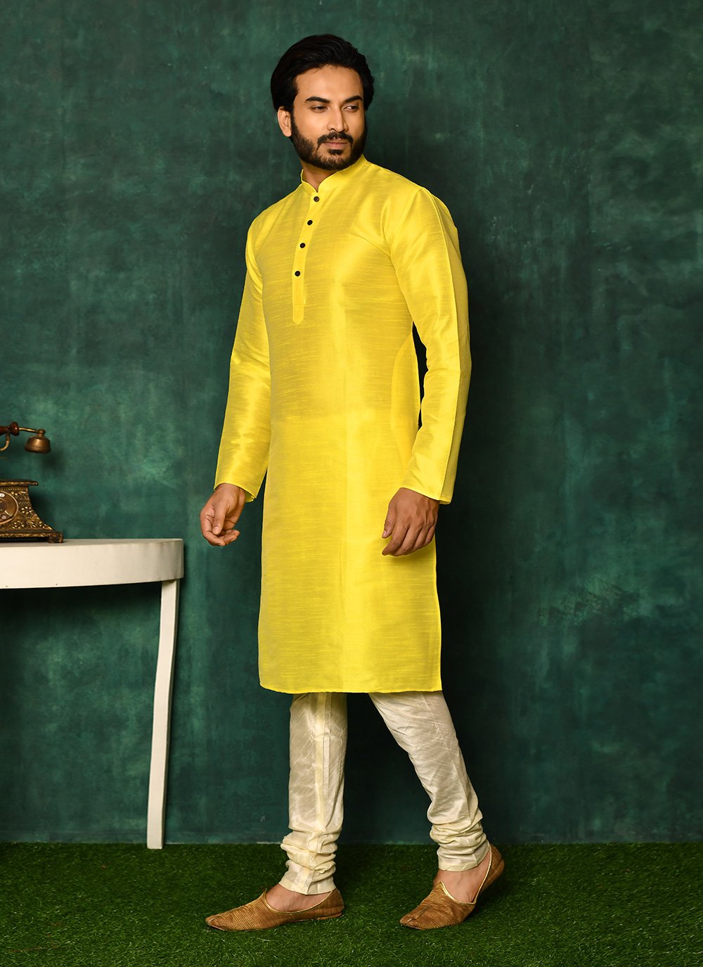 Kurta Pyjama Art Silk Yellow Fancy Work Mens