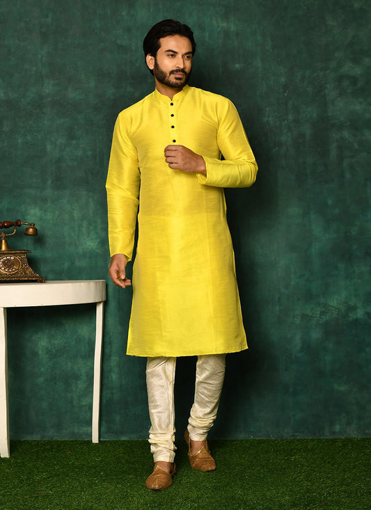 Kurta Pyjama Art Silk Yellow Fancy Work Mens