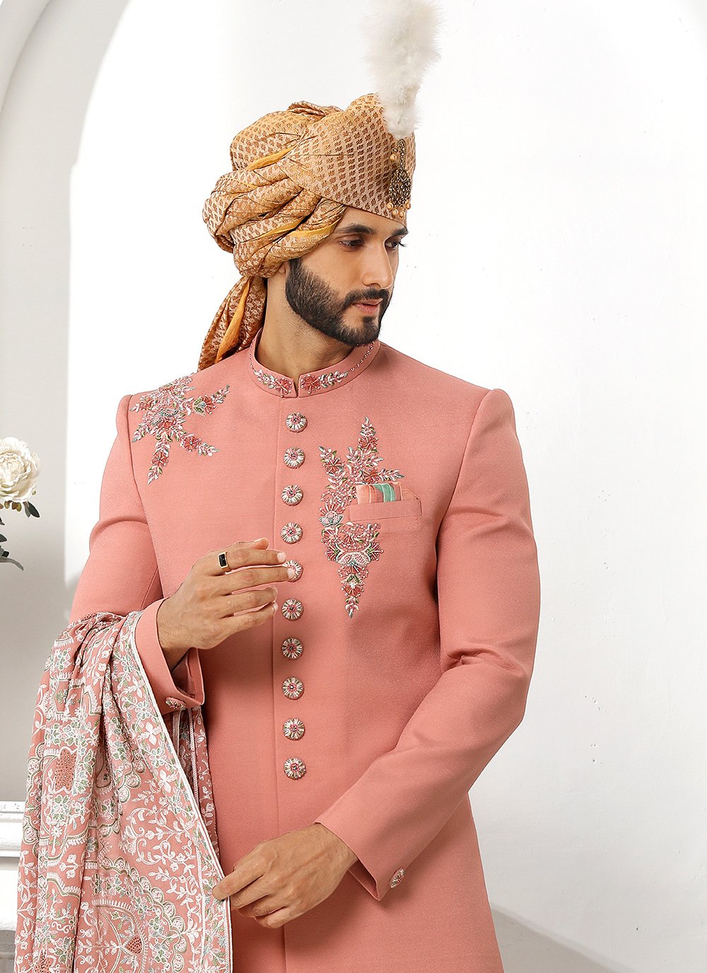 Sherwani Art Silk Pink Embroidered Mens