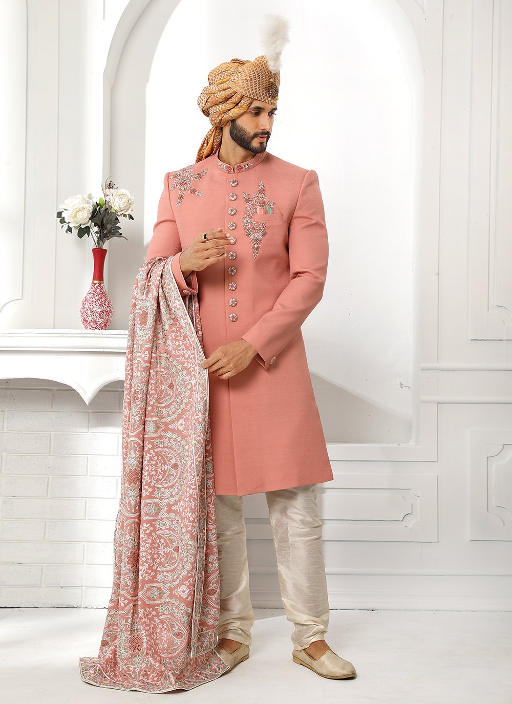 Sherwani Art Silk Pink Embroidered Mens