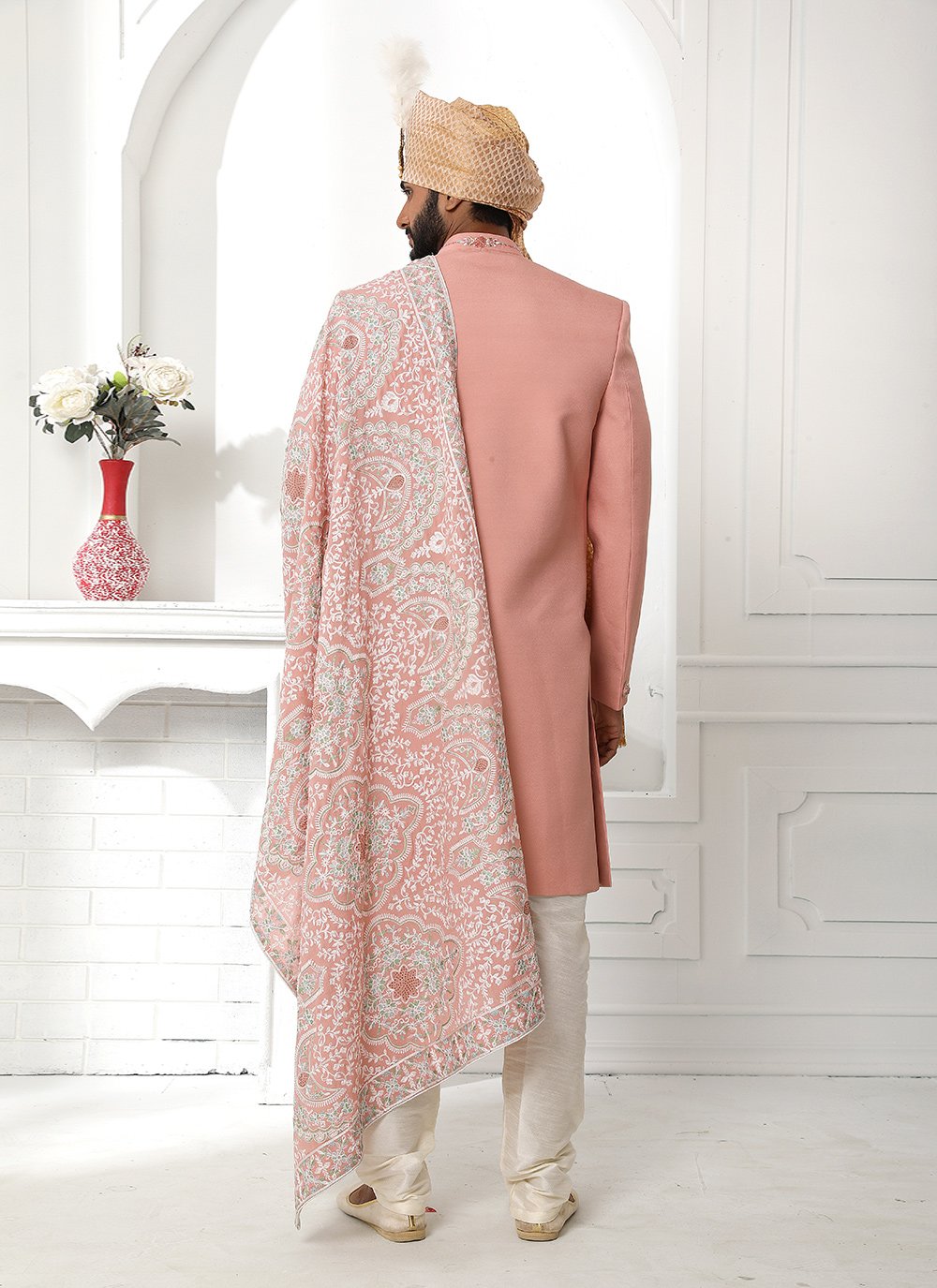 Sherwani Art Silk Pink Embroidered Mens