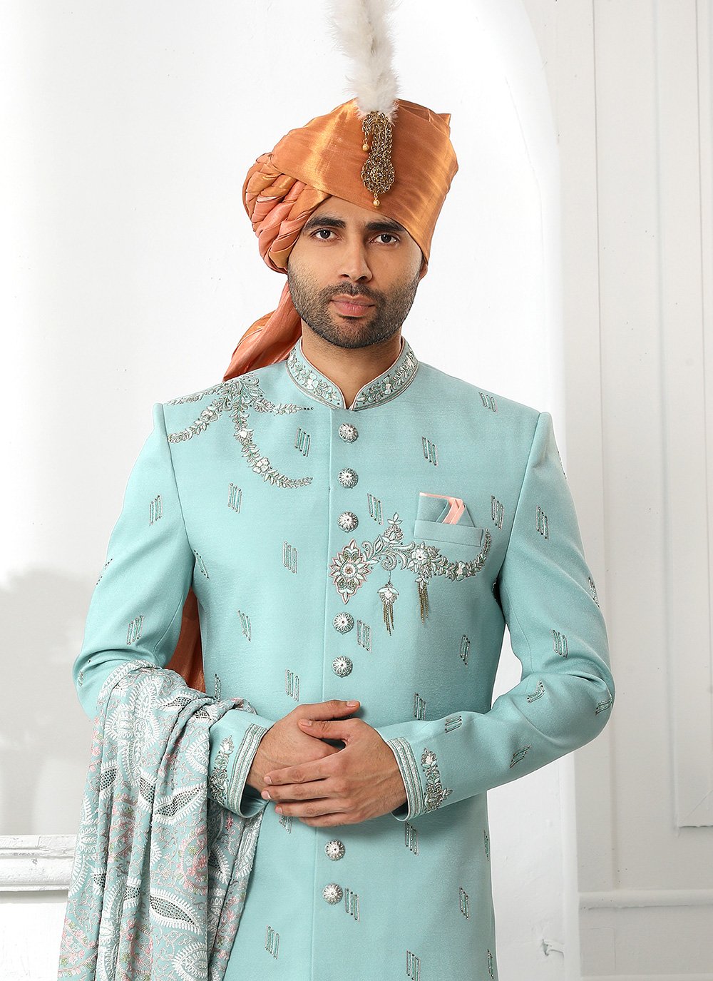 Sherwani Art Silk Teal Embroidered Mens