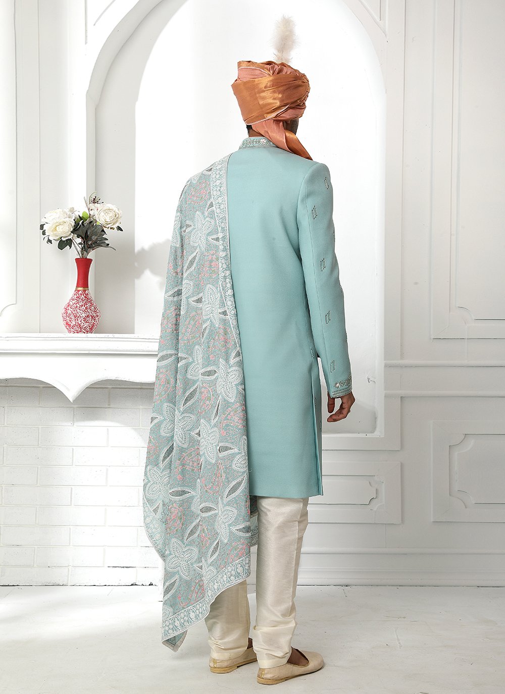 Sherwani Art Silk Teal Embroidered Mens