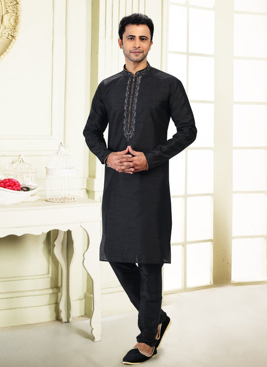 Kurta Pyjama Banarasi Silk Jacquard Black Fancy Work Mens