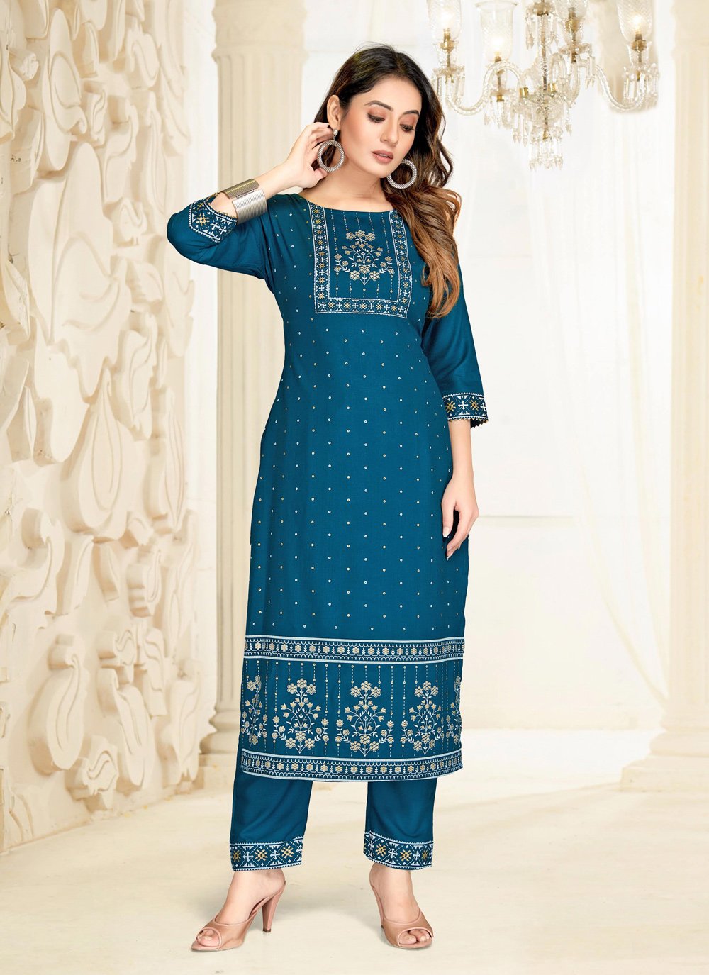 Pant Style Suit Blended Cotton Blue Fancy Work Salwar Kameez