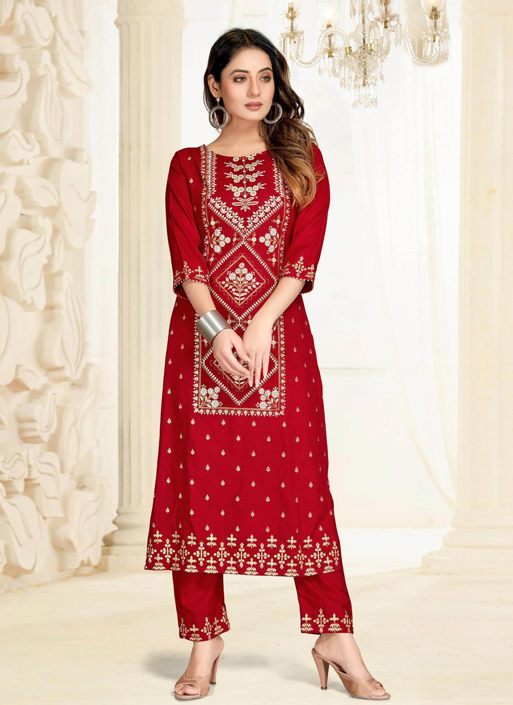 Pant Style Suit Blended Cotton Red Fancy Work Salwar Kameez