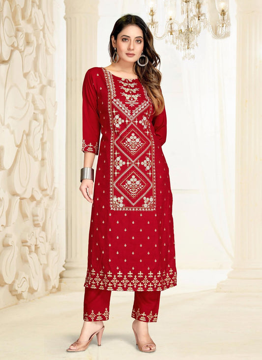 Pant Style Suit Blended Cotton Red Fancy Work Salwar Kameez