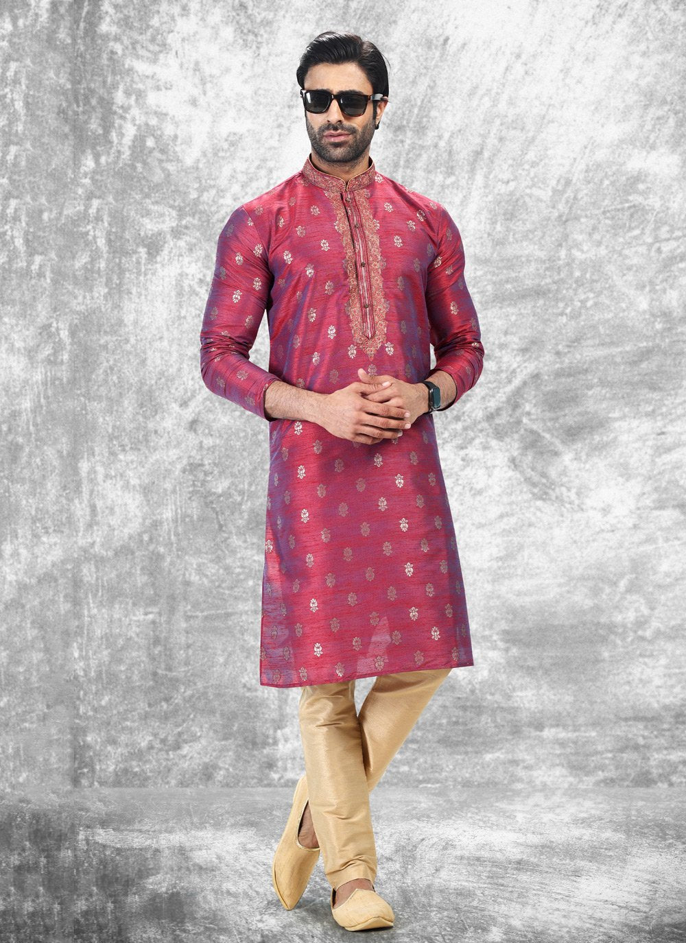 Kurta Pyjama Brocade Jacquard Silk Magenta Fancy Work Mens