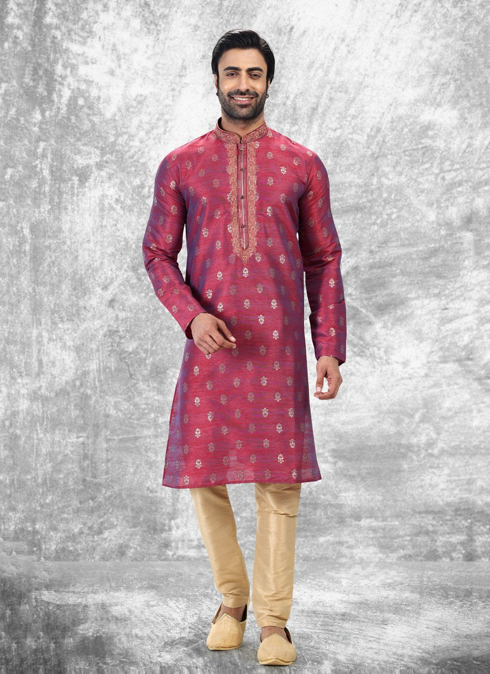 Kurta Pyjama Brocade Jacquard Silk Magenta Fancy Work Mens