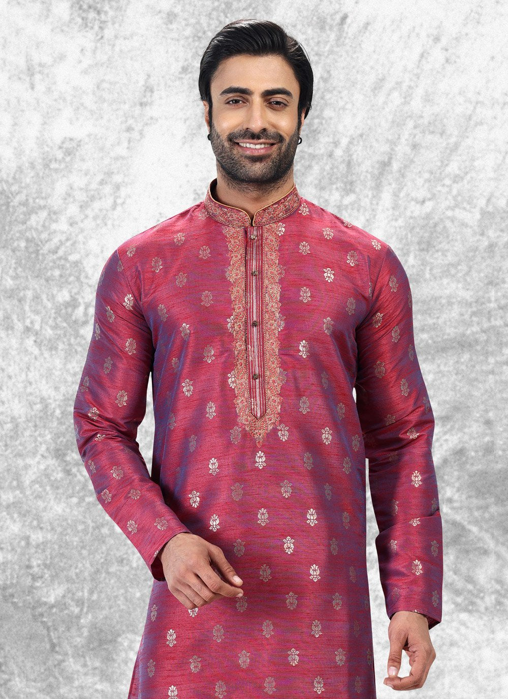 Kurta Pyjama Brocade Jacquard Silk Magenta Fancy Work Mens