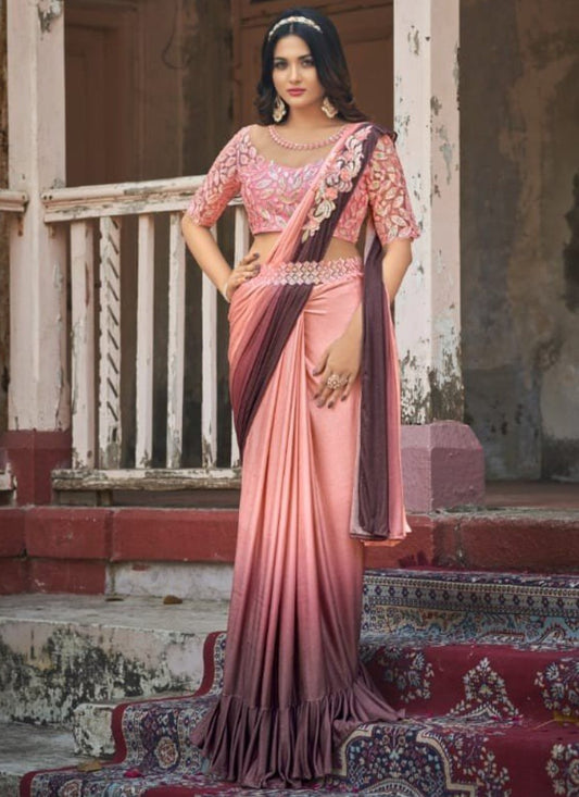 Designer Fancy Fabric Peach Fancy Work Saree