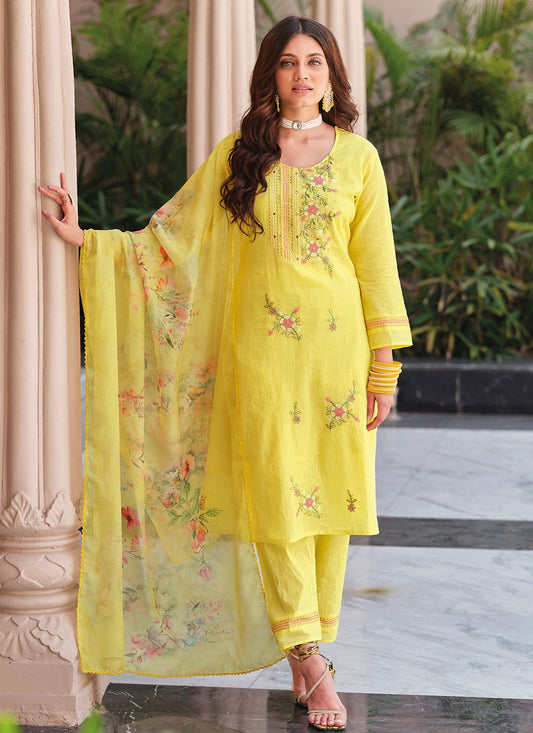 Salwar Suit Cotton Yellow Embroidered Salwar Kameez