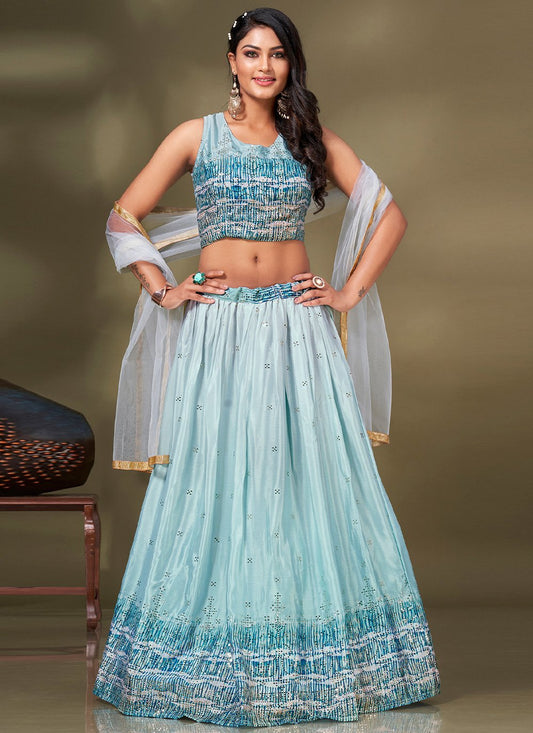 Lehenga Choli Chiffon Aqua Blue Fancy Work Lehenga Choli