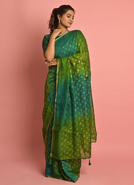 Classic Cotton Green Fancy Work Saree