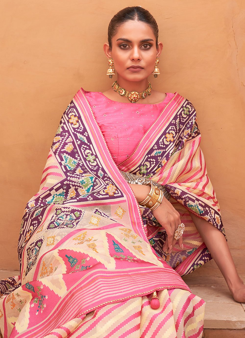 Classic Brasso Cream Pink Fancy Work Saree