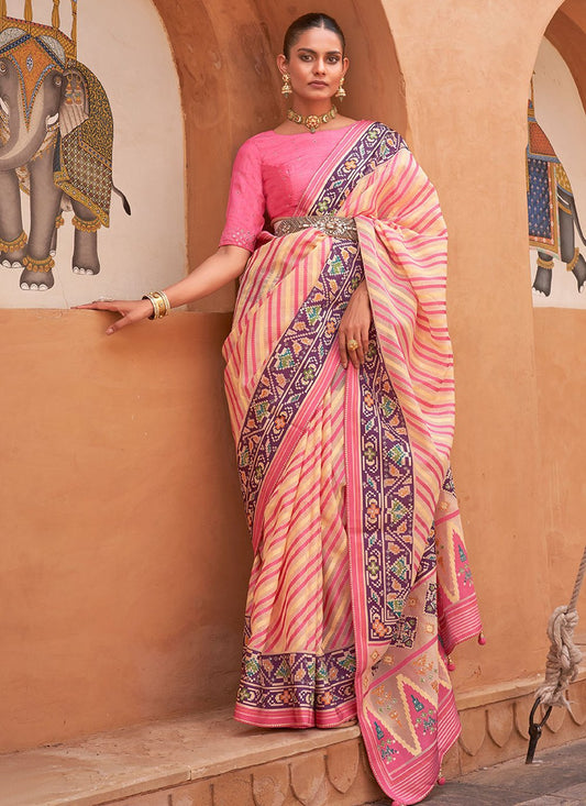 Classic Brasso Cream Pink Fancy Work Saree