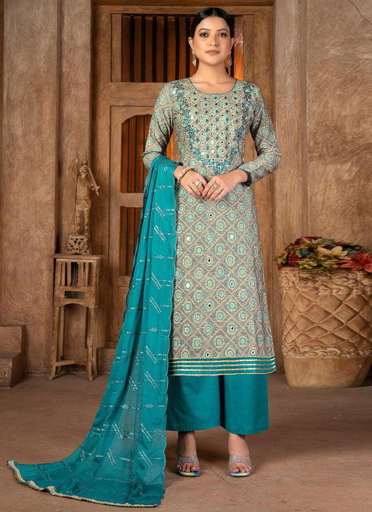 Straight Salwar Suit Cotton Blue Embroidered Salwar Kameez