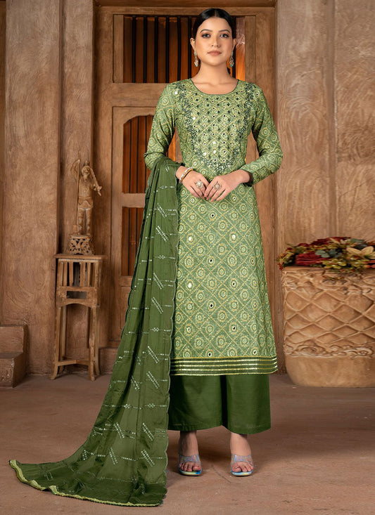 Palazzo Salwar Suit Cotton Green Embroidered Salwar Kameez