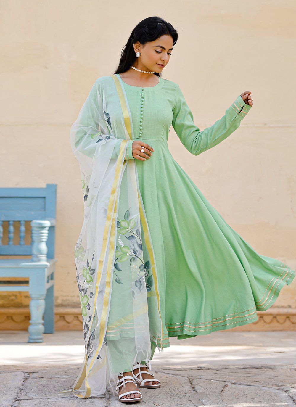 Pant Style Suit Cotton Green Fancy Work Salwar Kameez