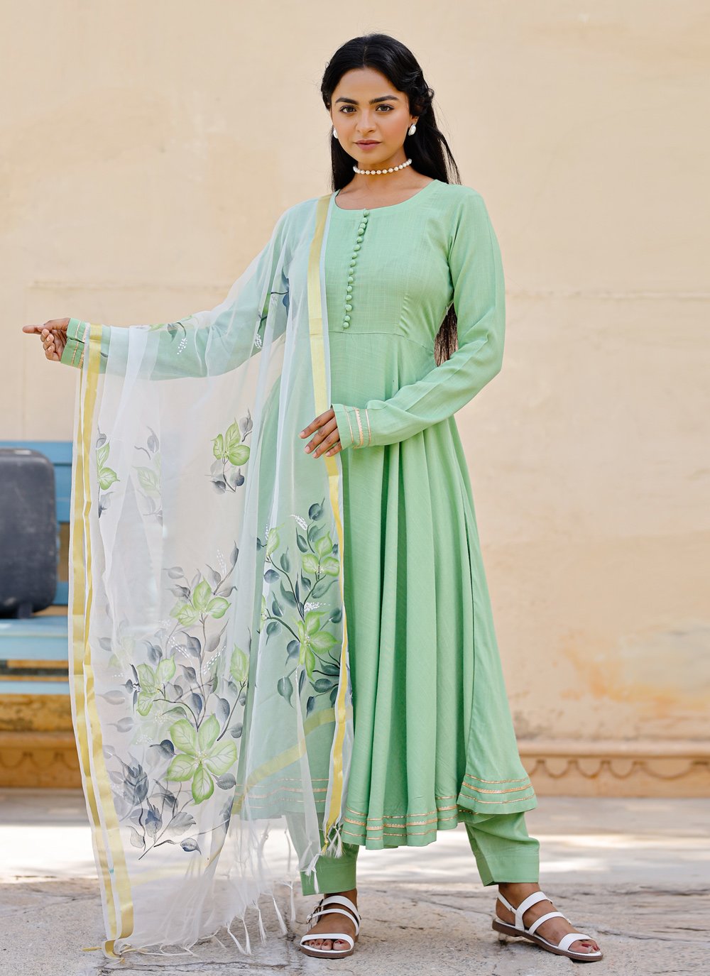 Pant Style Suit Cotton Green Fancy Work Salwar Kameez