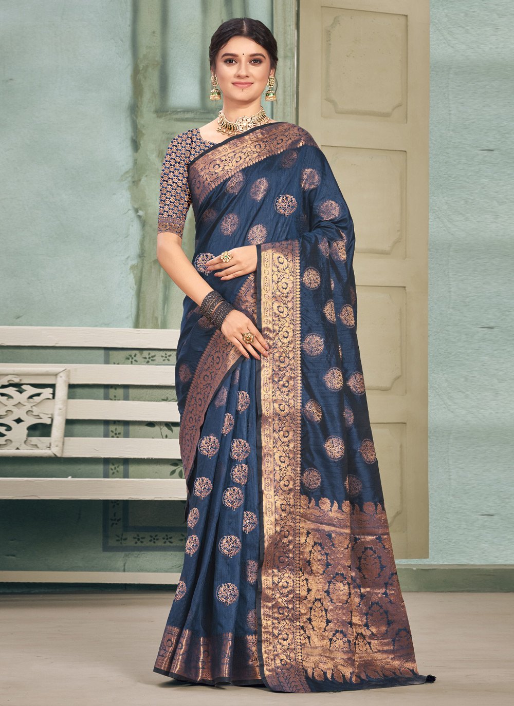 Traditional Saree Cotton Silk Blue Fancy Work Saree