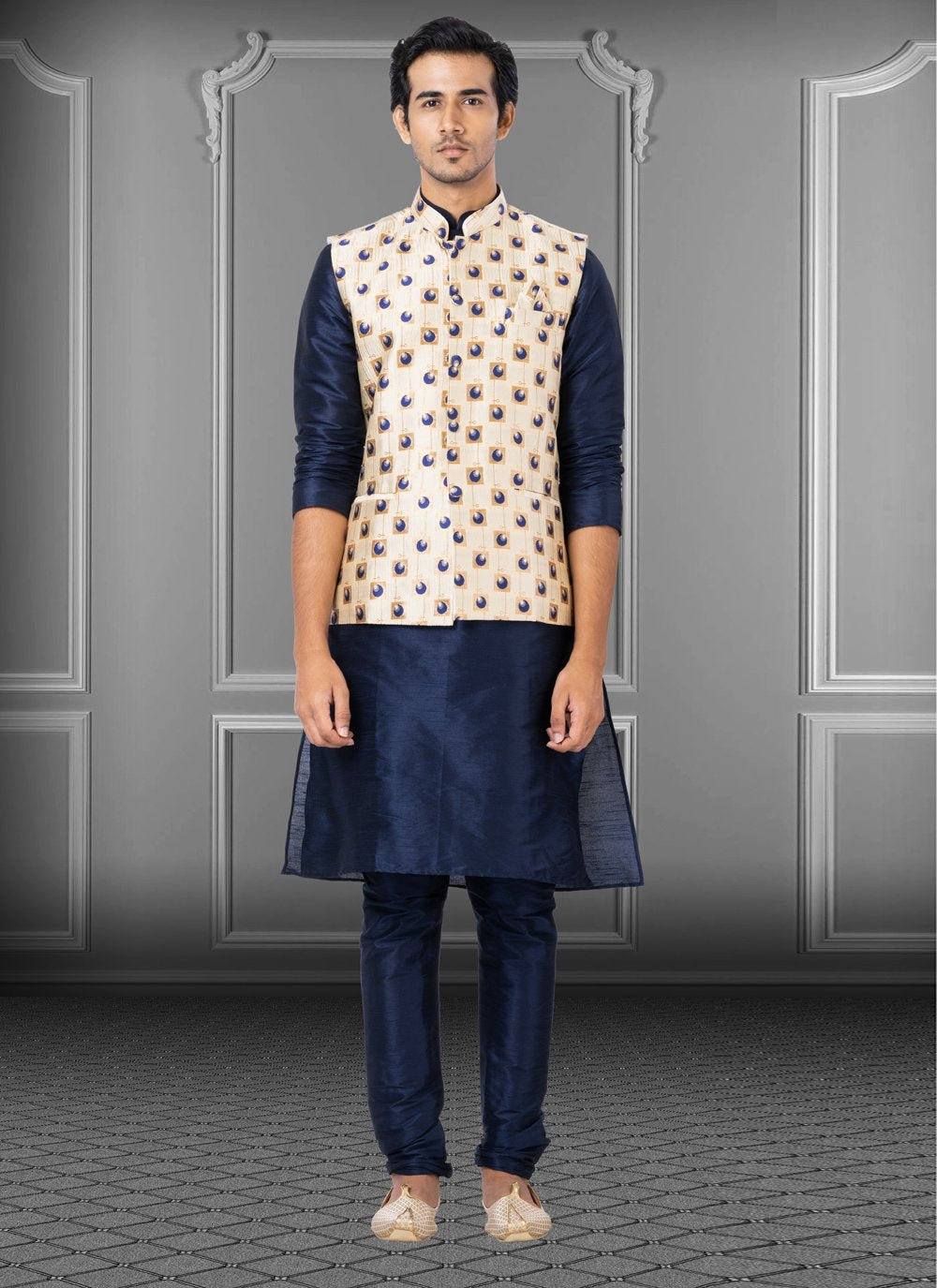 Kurta Payjama With Jacket Dupion Silk Blue Cream Fancy Work Mens