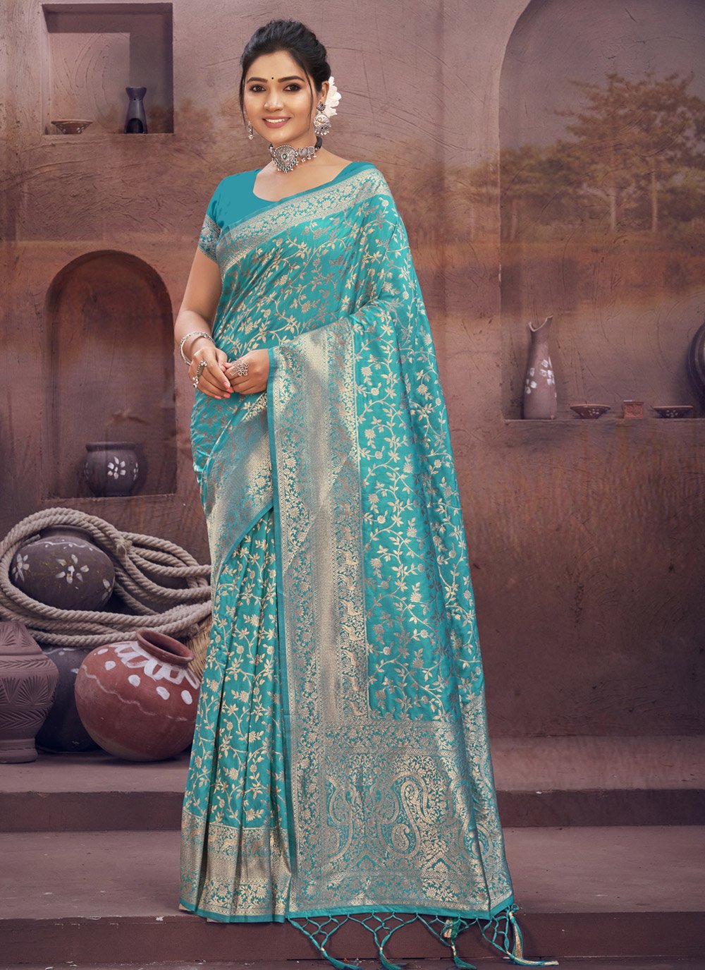 Traditional Saree Silk Firozi Fancy Work Saree