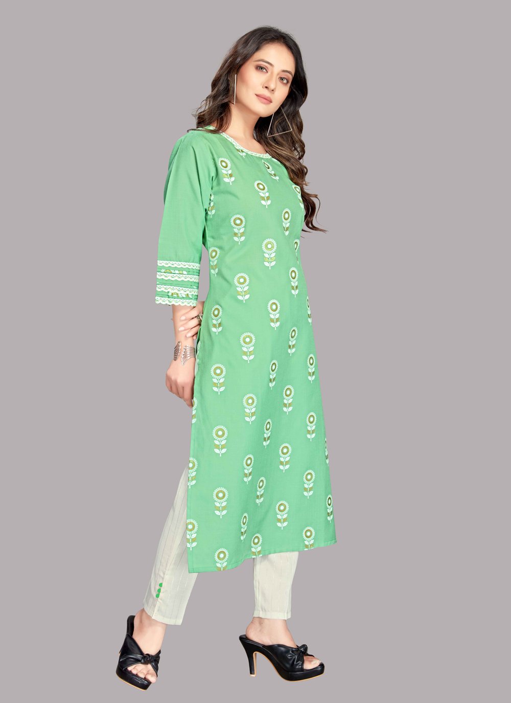 Pant Style Suit Blended Cotton Green Fancy Work Salwar Kameez