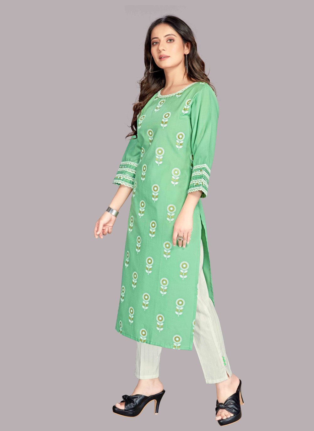 Pant Style Suit Blended Cotton Green Fancy Work Salwar Kameez