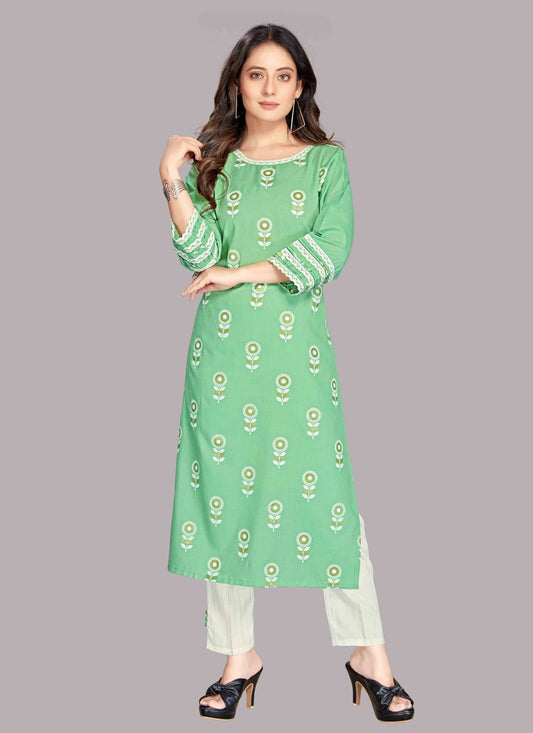 Pant Style Suit Blended Cotton Green Fancy Work Salwar Kameez