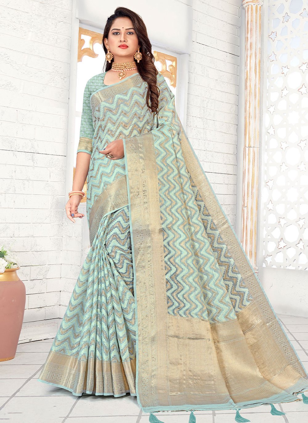 Contemporary Fancy Fabric Silk Aqua Blue Woven Saree