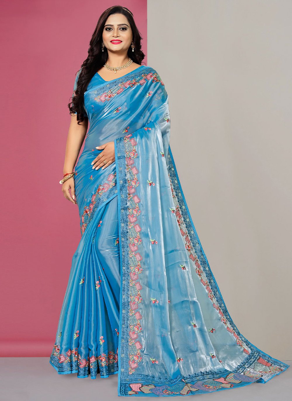 Contemporary Fancy Fabric Aqua Blue Embroidered Saree