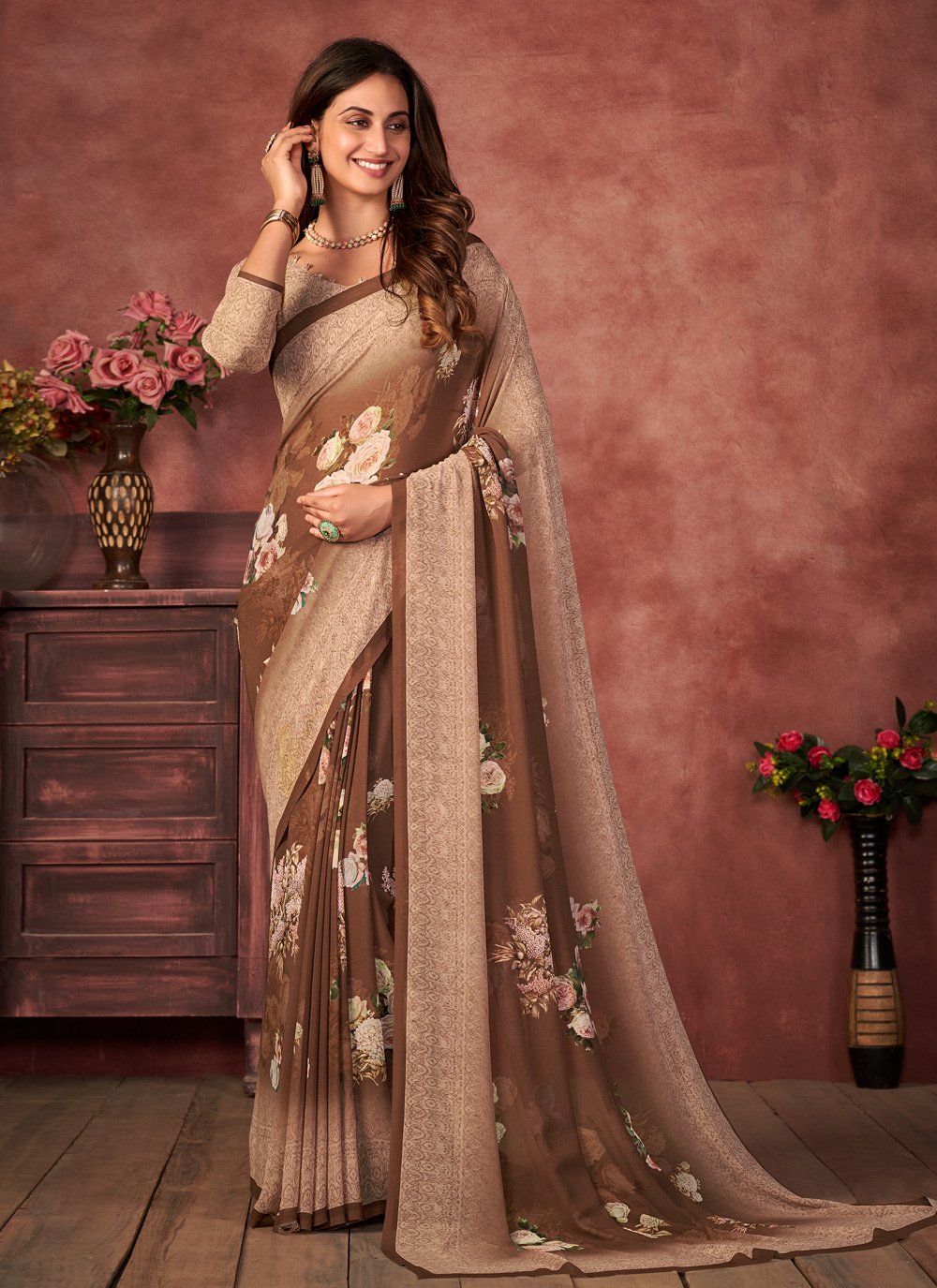 Designer Fancy Fabric Brown Digital Print Saree