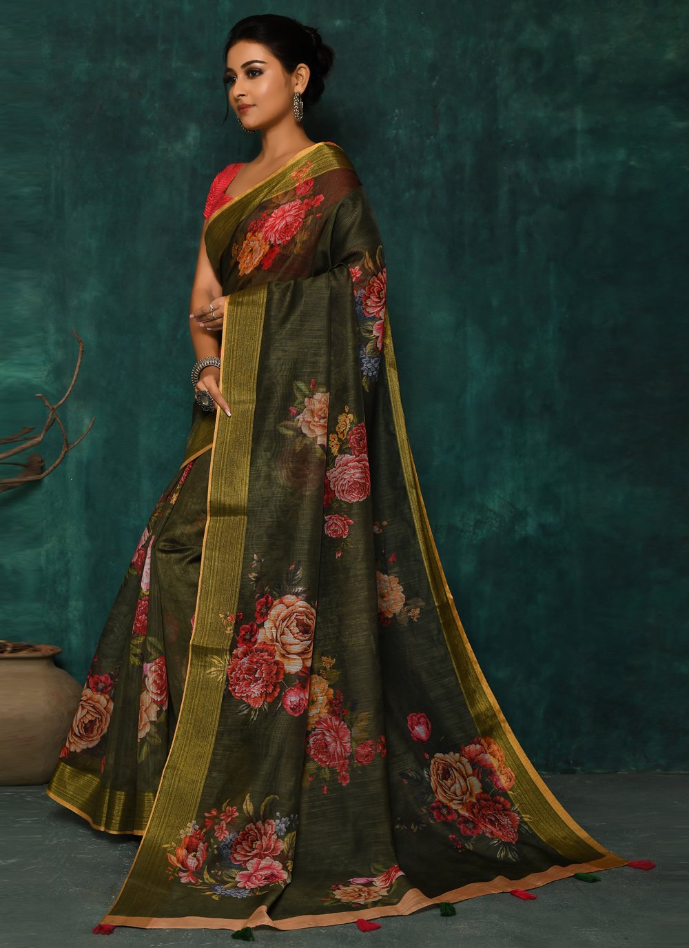 Designer Fancy Fabric Green Digital Print Saree