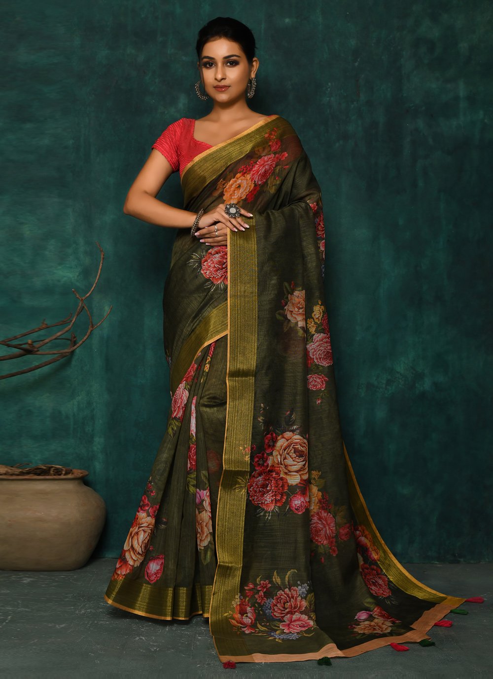 Designer Fancy Fabric Green Digital Print Saree