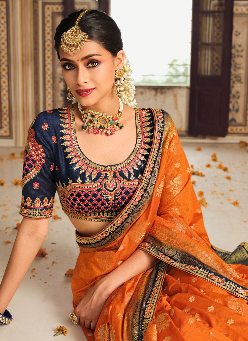 Classic Fancy Fabric Orange Embroidered Saree